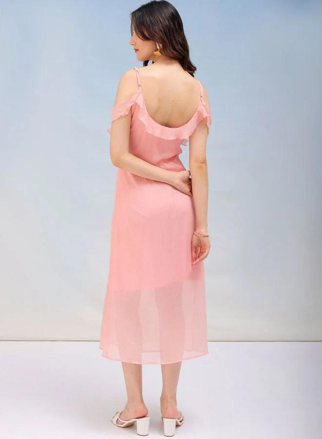 Freehand  Women Fit and Flared Solid V-Neck Sleeveless Ruffle Dress for Women | Best Price UAE