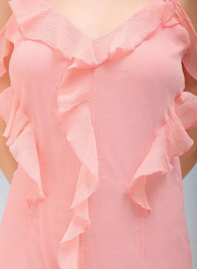 Freehand  Women Fit and Flared Solid V-Neck Sleeveless Ruffle Dress for Women | Best Price UAE