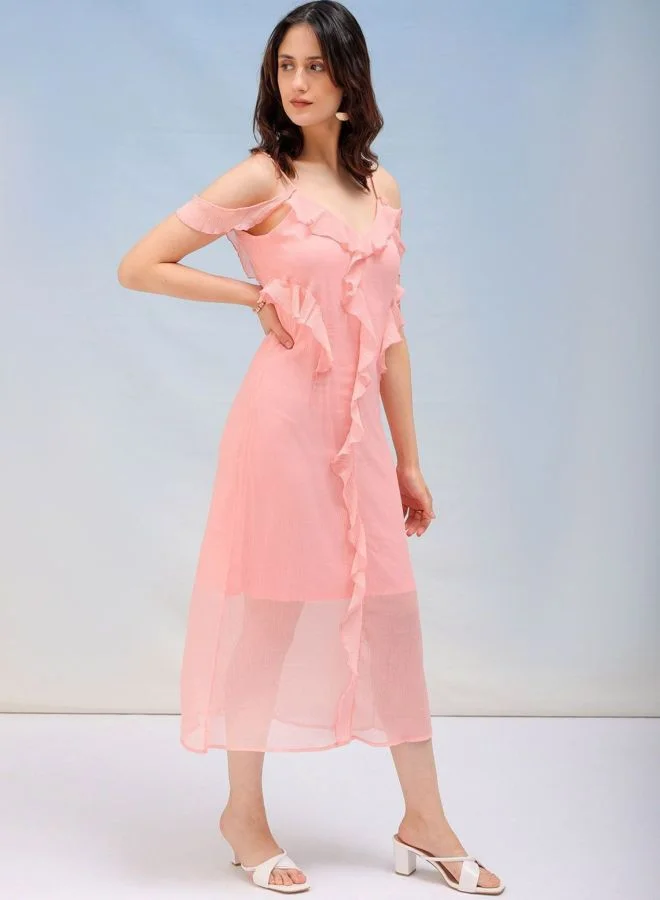 Freehand  Women Fit and Flared Solid V-Neck Sleeveless Ruffle Dress for Women | Best Price UAE