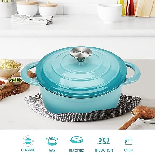 COOKWIN Enameled Cast Iron Dutch Oven, 5 QT Bread Baking Pot with Self Basting Lid, Non-stick Enamel Coated Cookware Pot, Great Christmas Gifts for Family, Teal - Image 4