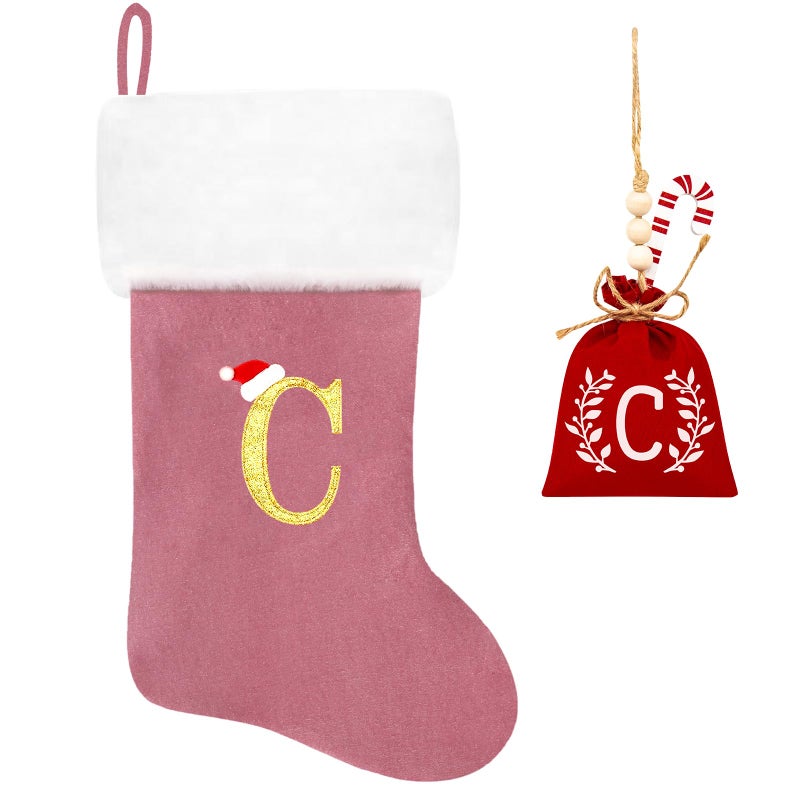Eoocan 20 Inches Monogram Christmas Stockings Pink Velvet With White Super Soft Plush Cuff Embroidered Xmas Stockings Classic Personalized Stocking Decorations For Family Holiday Season Decor(C) - Image 1