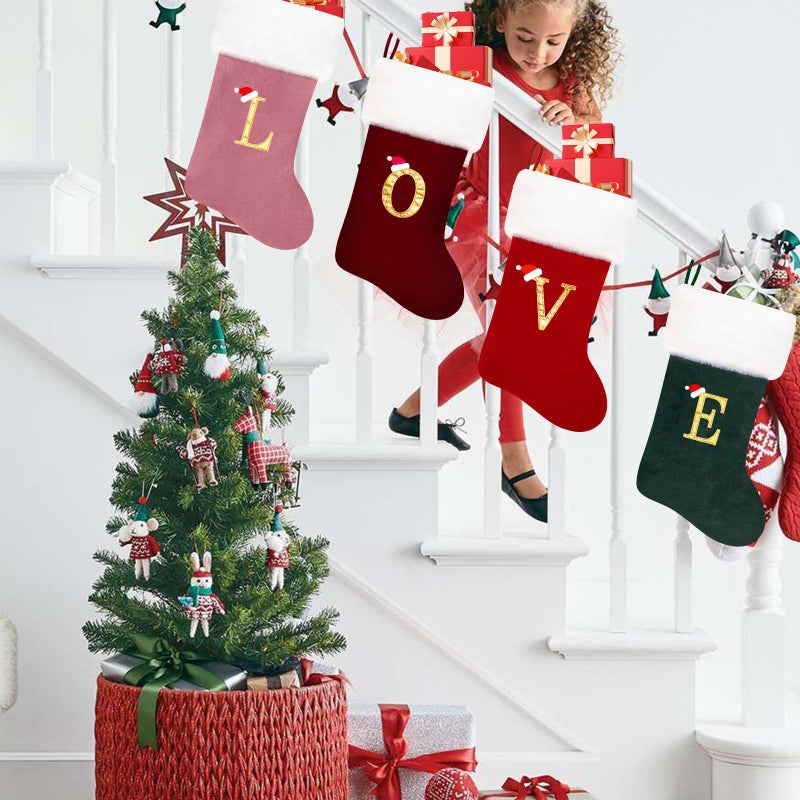 Eoocan 20 Inches Monogram Christmas Stockings Pink Velvet With White Super Soft Plush Cuff Embroidered Xmas Stockings Classic Personalized Stocking Decorations For Family Holiday Season Decor(C) - Image 5