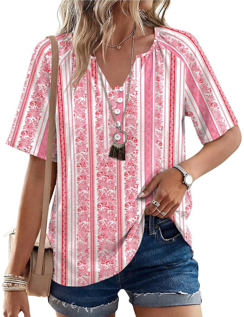 Rapbin Pink Striped Shirt Women Blouses 2026 Trendy Womens Tops Short Sleeve V Neck Blouses Button Business Casual Shirts Cute Tops for Women M - Image 2