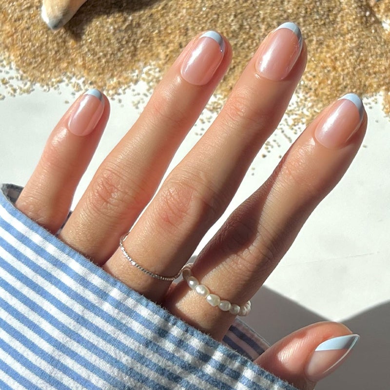 Glamnetic Press On Nails - Into Blue | Glazed Short Oval Fake Nails with Periwinkle French Tips, Salon Quality Summer Nails | 15 Sizes - 30 Nail Kit with Glue - Image 1