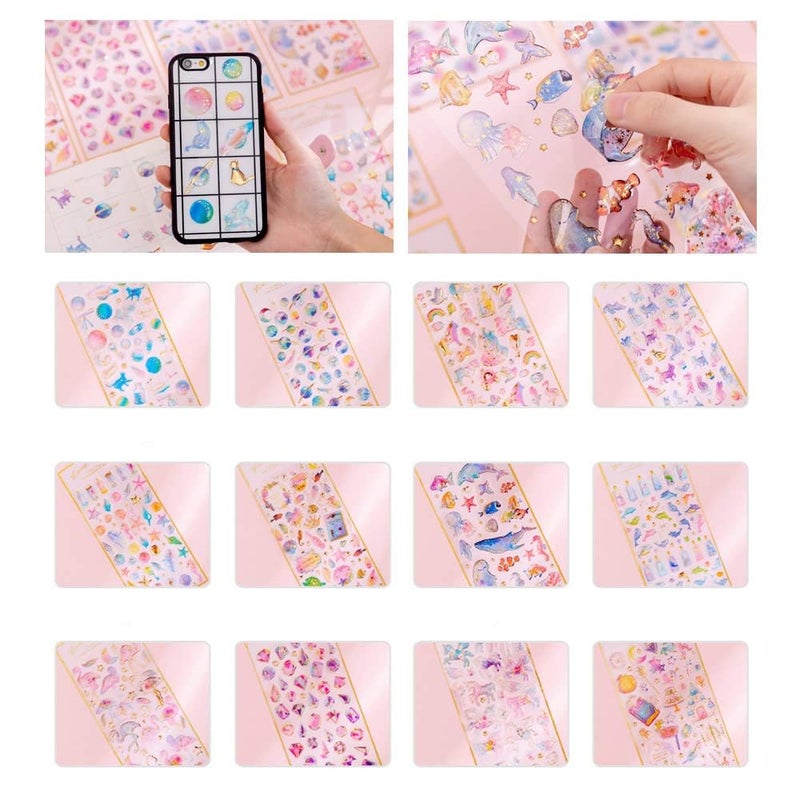 PROBABE Animal & Sea Life Watercolour Sticker Set – 6 3D Design Sheets Glitter Puffy Manual Smooth Surfaces Stickers with Cat, Unicorns, Mermaids, Jellyfish, Planets & Stars for Kids Crafts (6 Sheet) - Image 2