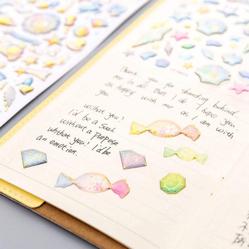 PROBABE Animal & Sea Life Watercolour Sticker Set – 6 3D Design Sheets Glitter Puffy Manual Smooth Surfaces Stickers with Cat, Unicorns, Mermaids, Jellyfish, Planets & Stars for Kids Crafts (6 Sheet) - Image 5