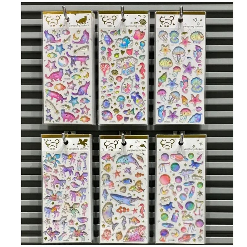 PROBABE Animal & Sea Life Watercolour Sticker Set – 6 3D Design Sheets Glitter Puffy Manual Smooth Surfaces Stickers with Cat, Unicorns, Mermaids, Jellyfish, Planets & Stars for Kids Crafts (6 Sheet) - Image 1