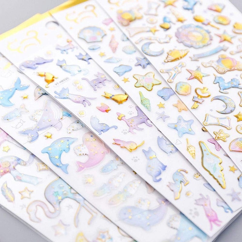PROBABE Animal & Sea Life Watercolour Sticker Set – 6 3D Design Sheets Glitter Puffy Manual Smooth Surfaces Stickers with Cat, Unicorns, Mermaids, Jellyfish, Planets & Stars for Kids Crafts (6 Sheet) - Image 3