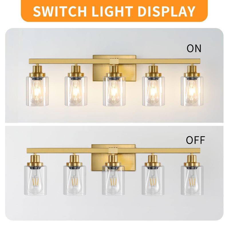 DIKAIDA 5 Light Gold Bathroom Vanity Light, Bathroom Light Fixtures, 31" Modern Brushed Gold Vanity Lighting Fixtures for Bathroom Over Mirror, Gold Sconces Wall Lighting for Bedroom - Image 5