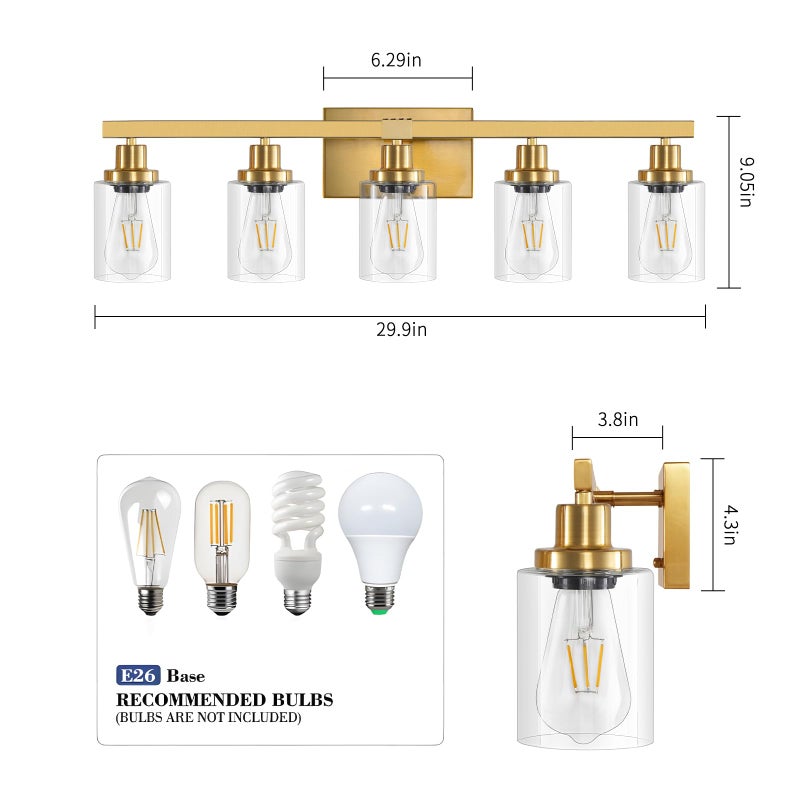 DIKAIDA 5 Light Gold Bathroom Vanity Light, Bathroom Light Fixtures, 31" Modern Brushed Gold Vanity Lighting Fixtures for Bathroom Over Mirror, Gold Sconces Wall Lighting for Bedroom - Image 3