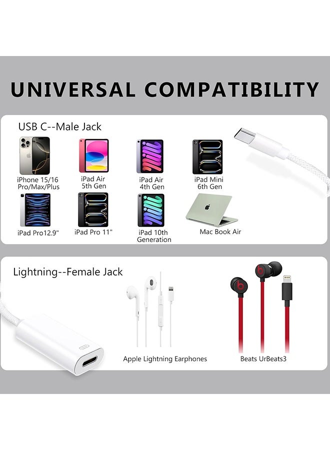 Wffo USB C to Lightning Headphone Audio Adapter, Type C Male to Female Lightning Earphone Supports PD 27W Fast Charging//Data Transfer, Compatible with iPhone 17/16/15 Plus/Pro/Max, iPad Pro/Air 6/5/4, MacBook - White - Image 2