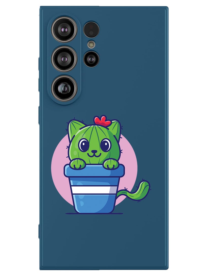 Theodor Protective Slim Fit Case Liquid Silicone Cover with Full Body Protection Anti-Scratch Shockproof Case For Samsung Galaxy S25 Ultra (Blue) - Cute Cat Cactus - Image 1