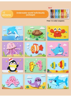 Making Diy2025 Children Handmade 3d Kindergarten Material Bag Sticker Three-dimensional Toy Painting Year Paste Girl-Color:[full Set Of 12 Sheets] Ocean World/individually Packaged + 12 Color Crayons