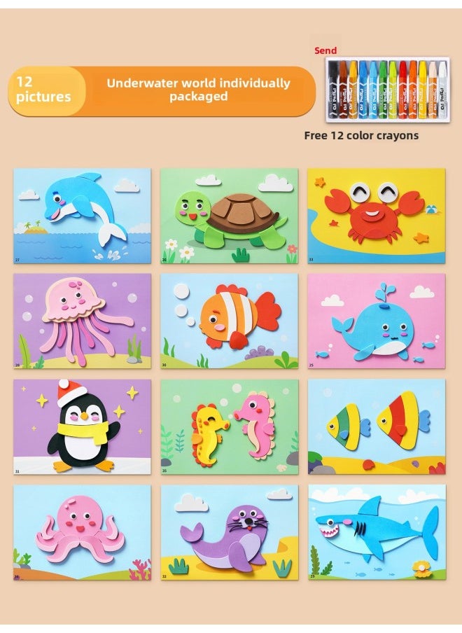 Generic - Making Diy2025 Children Handmade 3d Kindergarten Material Bag Sticker Three-dimensional Toy Painting Year Paste Girl-Color:[full Set Of 12 Sheets] Ocean World/individually Packaged + 12 Color Crayons - Image 1