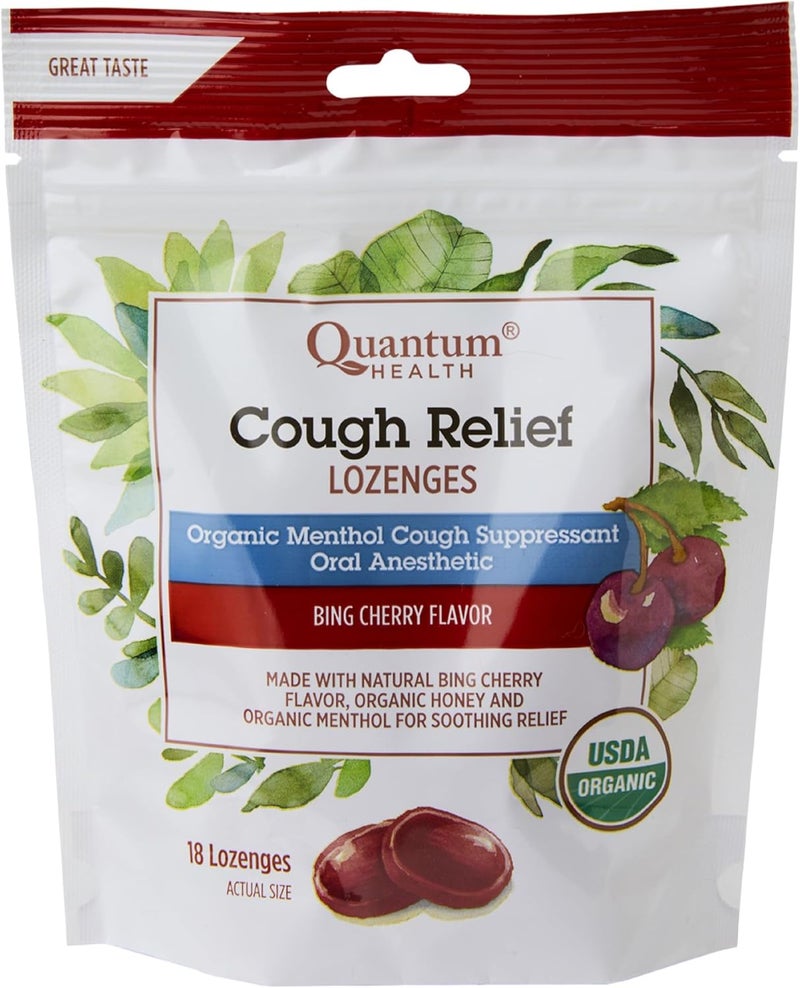 Quantum Health USDA Organic Cough Relief LozengesBing CherryNatural Menthol Cough SuppressantSoothes Sore ThroatUSDA Organic18 Count - Image 1