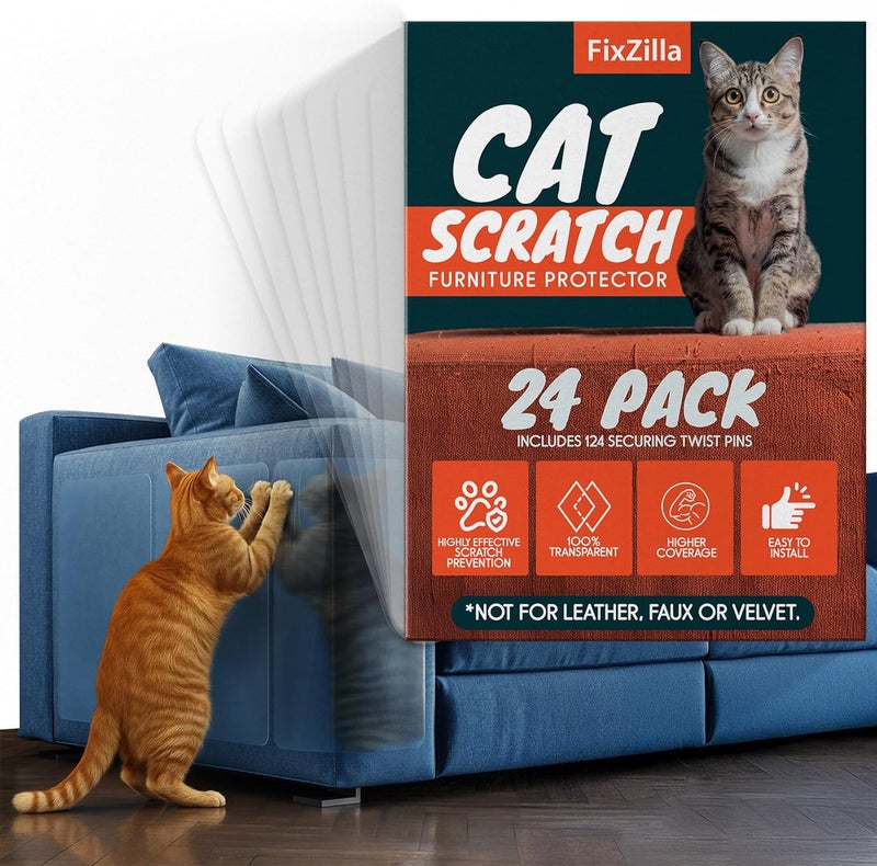 FixZilla Anti Cat Scratch Furniture Protector, 24-Pack Couch Protector from Cat Claws – Heavy-Duty, Easy-to-Apply Scratching Deterrent and Shield for Sofa Corners, Walls, Doors- with 124 Twist Pins - Image 1