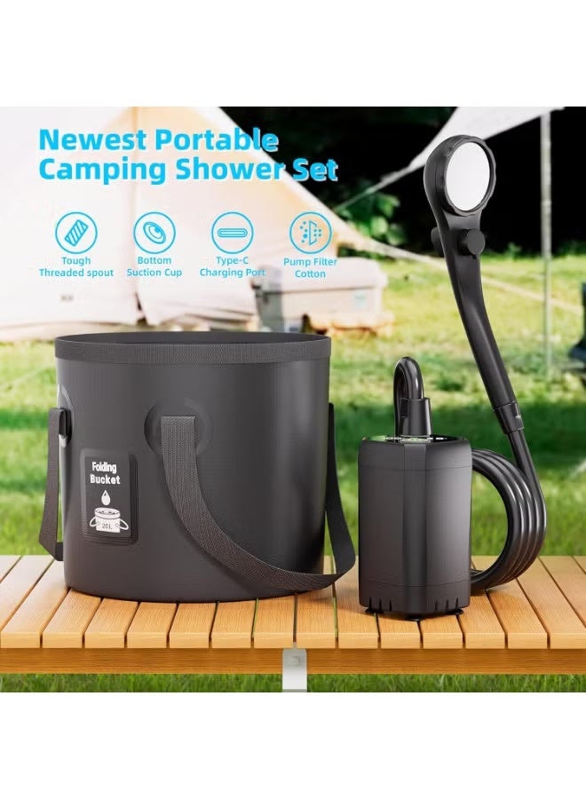 DEXO دش تخييم محمول مع مضخة قابلة لإعادة الشحن 6000mAh، دلو قابل للطي 20 لتر، شاشة LED وأنماط رش متعددة – دش كهربائي خارجي للمشي، السفر، استحمام الحيوانات الأليفة، الشاطئ، خفيف الوزن، متين، محمول - Image 3