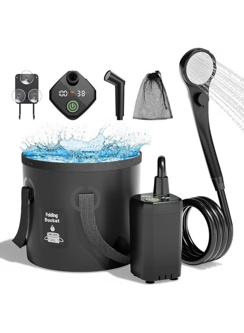 DEXO دش تخييم محمول مع مضخة قابلة لإعادة الشحن 6000mAh، دلو قابل للطي 20 لتر، شاشة LED وأنماط رش متعددة – دش كهربائي خارجي للمشي، السفر، استحمام الحيوانات الأليفة، الشاطئ، خفيف الوزن، متين، محمول - Image 2