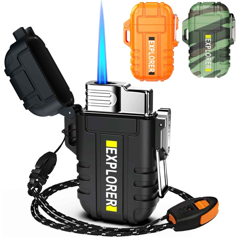 ولاعة بوتان مقاومة للماء قابلة لإعادة التعبئة مقاومة للرياح لولاعة اللهب النفاث للمدفأة والألعاب النارية والشواء والتخييم BBQ باللون الأسود بدون غاز