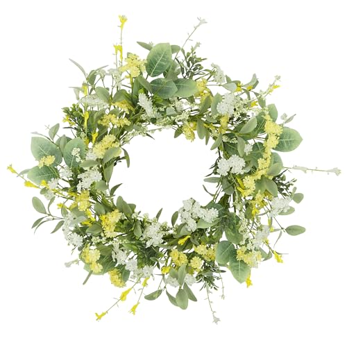 YNYLCHMX 18 Spring Summer Wreaths for Front Door Artificial Floral Wreath with Yellow White Daisy Green Eucalyptus Leaves Green Foliage Wreath for Wall Window Farmhouse Party Holiday Home Decor - Image 1