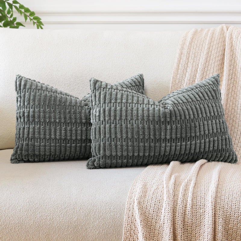 JOTOM Set of 2 Corduroy Soft Striped Cushion Covers 30x50 cm Boho Decorative Throw Pillow Covers Lumbar Cushion Case Couch Home Decor Pillowcases for Sofa Bedroom 12x20 Inch Smoky Grey