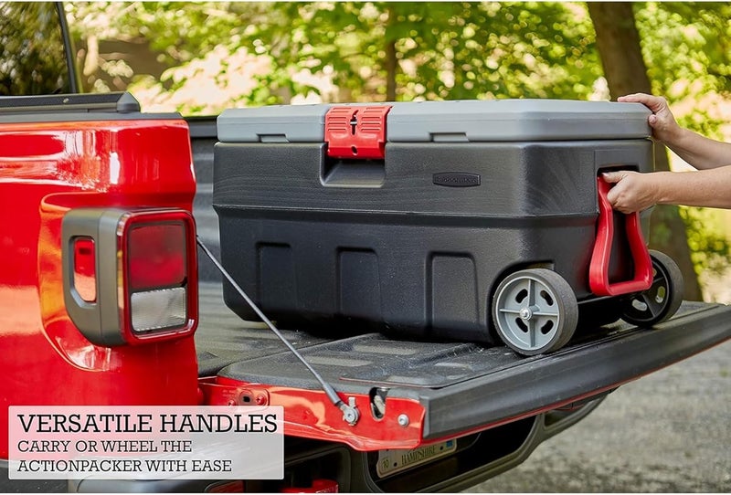 Rubbermaid صندوق تخزين بلاستيكي قابل للقفل من Rubbermaid ActionPacker سعة 35 جالون مصنوع في الولايات المتحدة مع غطاء وعجلات - خارجي وصناعي وقوي لمعدات التخييم وتخزين سرير الشاحنة - رمادي وأسود - Image 5