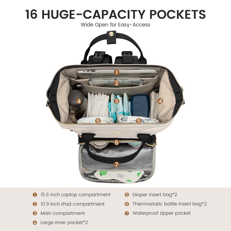 LOVEVOOK Diaper Bag Backpack, Baby Bag with Changing Station, Large Diaper Backpack for Mom Dads, Waterproof Mommy Bag for Boy and Girl, Travel Essential Baby Shower, Black-Beige - Image 2