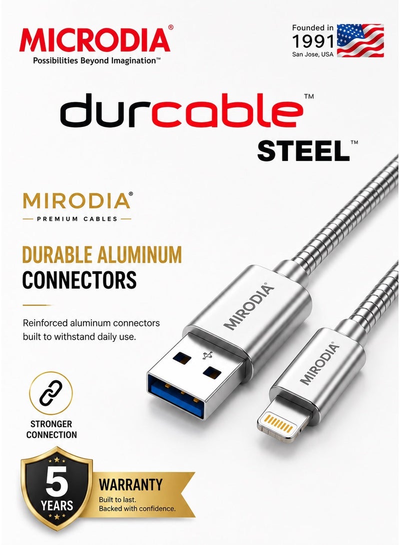 MICRODIA Durcable ™ Steel 1.5m PD60W USB-A to Lightning Charge & Sync Cable For IPone 14 , 13, 12, 11, X - Image 1