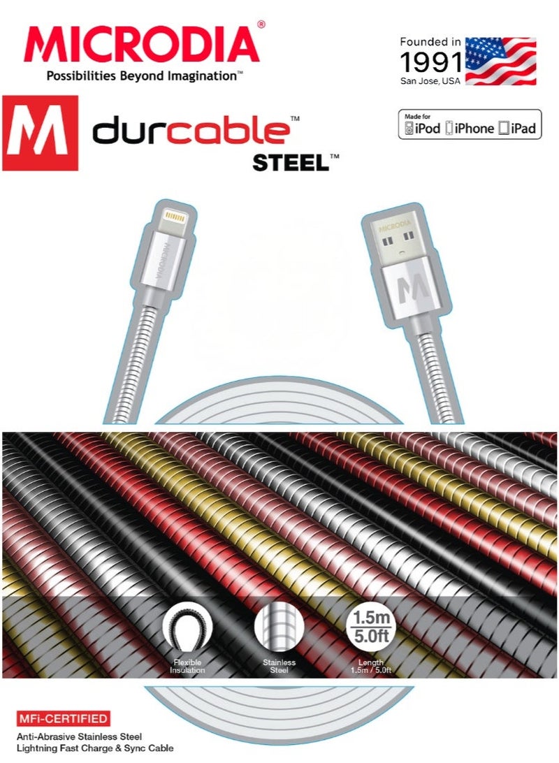 MICRODIA Durcable ™ Steel 1.5m PD60W USB-A to Lightning Charge & Sync Cable For IPone 14 , 13, 12, 11, X - Image 3
