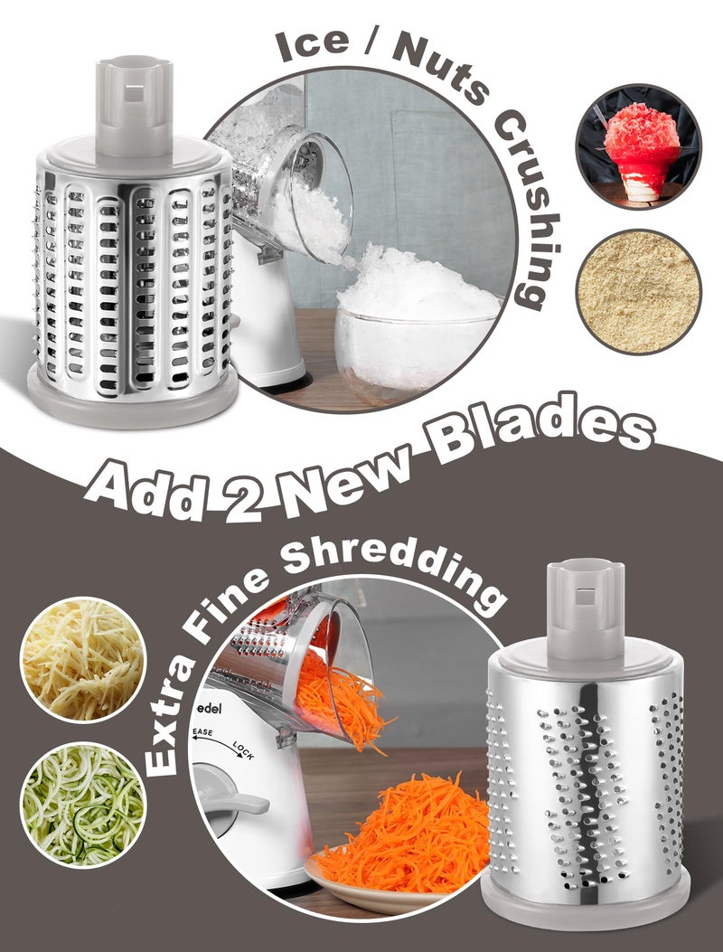 Geedel Rotary Cheese Grater Cheese Shredder - Upgraded 5-in-1 Cheese Grater with Handle and Strong Suction Base, Multi-purpose Vegetable Slicer Ice Shaver Nuts Grinder for Ice, Vegetables, Fruit, Nuts - Image 2