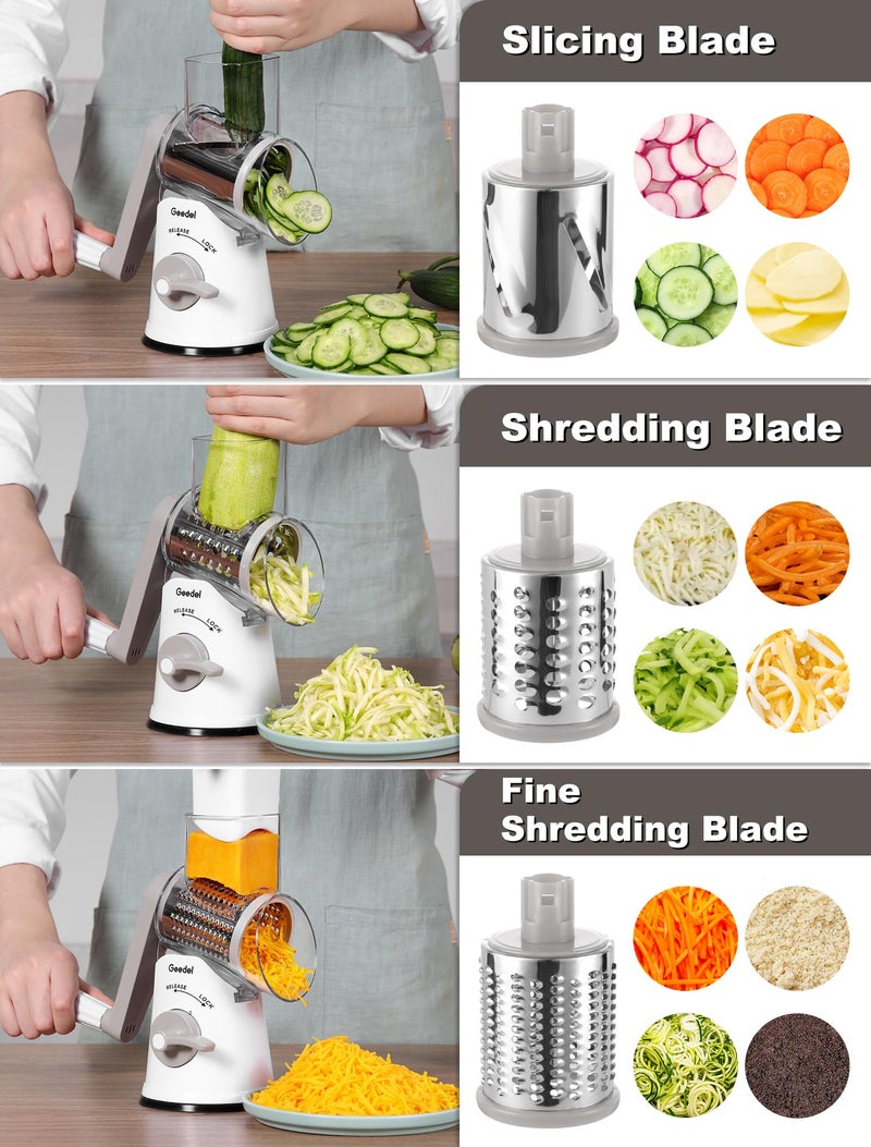 Geedel Rotary Cheese Grater Cheese Shredder - Upgraded 5-in-1 Cheese Grater with Handle and Strong Suction Base, Multi-purpose Vegetable Slicer Ice Shaver Nuts Grinder for Ice, Vegetables, Fruit, Nuts - Image 3
