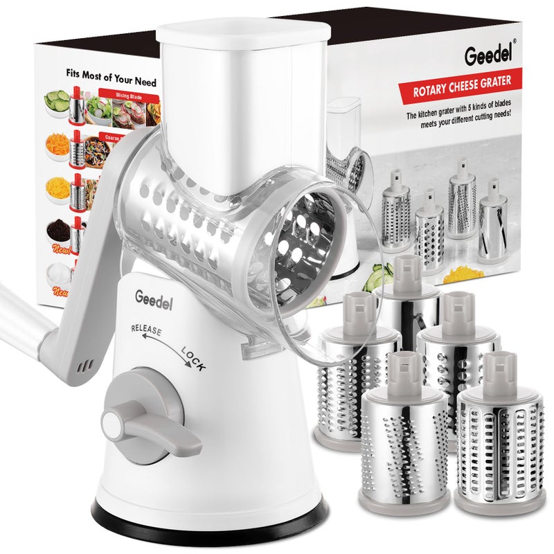 Geedel Rotary Cheese Grater Cheese Shredder - Upgraded 5-in-1 Cheese Grater with Handle and Strong Suction Base, Multi-purpose Vegetable Slicer Ice Shaver Nuts Grinder for Ice, Vegetables, Fruit, Nuts - Image 1