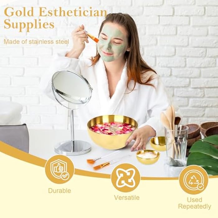 DLUGOPIS 26 مستلزمات أخصائي التجميل 3 فرش مروحة أخصائي التجميل 3 أوعية خلط أقنعة الوجه كبيرة من الذهب 3 فرش مسطحة للوجه صينية العناية بالبشرة صينية تقديم بثلاثة أقسام 12 إسفنجة للوجه 2 رباط رأس سبا - Image 5