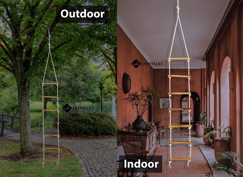 SHOPOFLUX Rope Ladder for Kids | 7-Step Wooden & Rope Climbing Ladder for Outdoor & Indoor Play (White) - Image 3