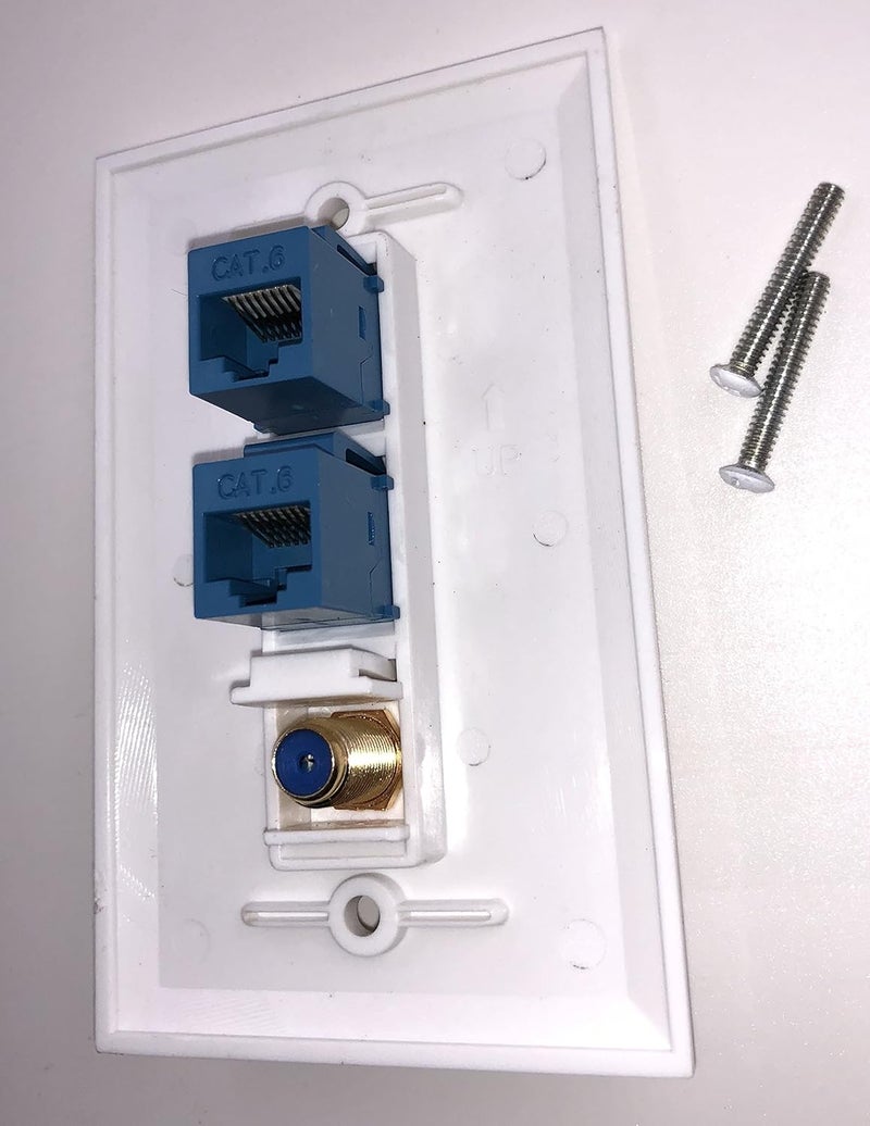 -3 Port Wall Plate with Gold-Plated Coaxial TV Cable F Type + 2 Port Cat6 Ethernet Female to Female Jack in White