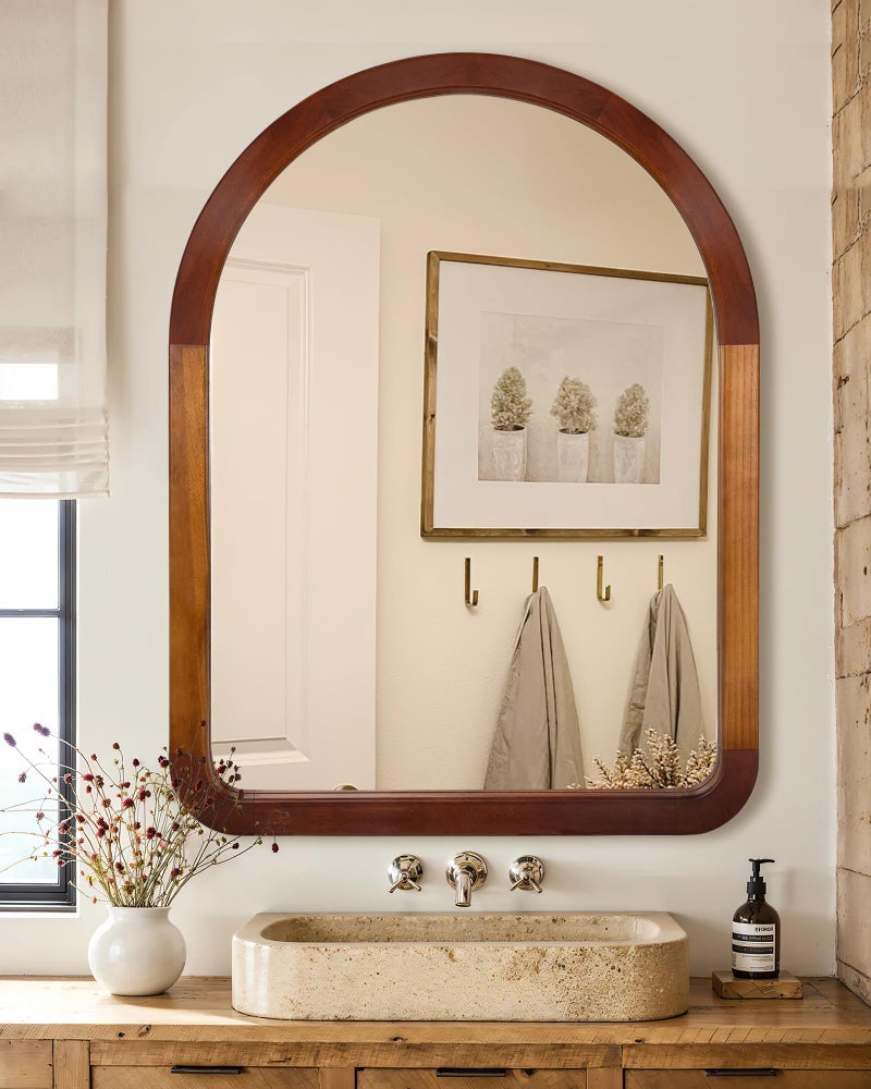 Culer Arch Large Mirror 30 x 40 Inch,Brown Wood Rustic Bathroom Tempered Wall Mirror with Wood Frame,Round Corner Arch Farmhouse Wooden Vanity Mirror for Living Room,Entryway or Bedroom - Image 3
