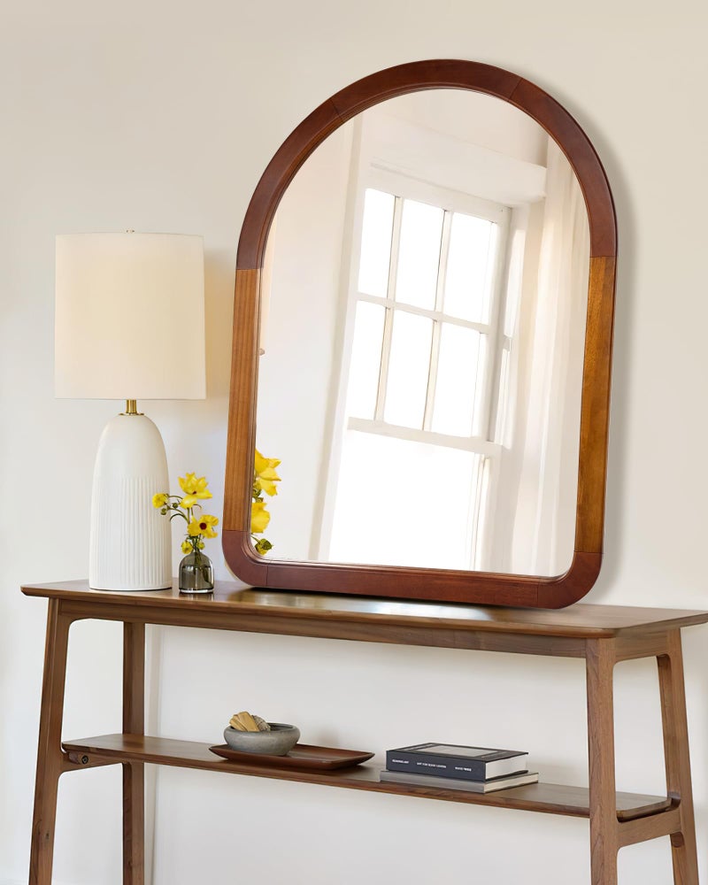 Culer Arch Large Mirror 30 x 40 Inch,Brown Wood Rustic Bathroom Tempered Wall Mirror with Wood Frame,Round Corner Arch Farmhouse Wooden Vanity Mirror for Living Room,Entryway or Bedroom - Image 2