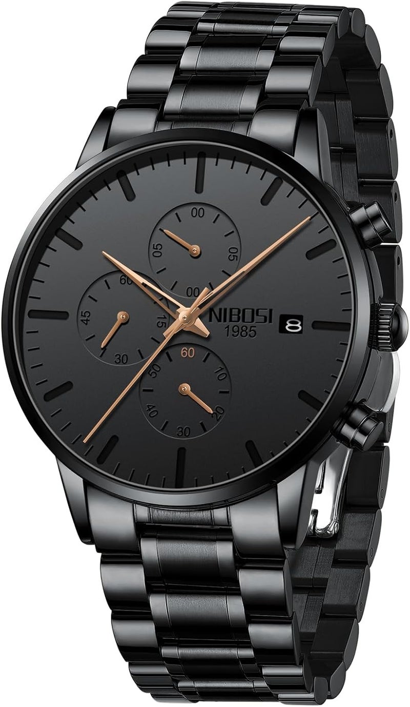 NIBOSI Men's Analog Minimalist Black Dial Chronograph Watch with Stainless Steel Strap - Image 1