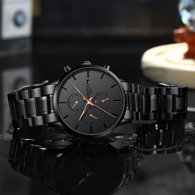 NIBOSI Men's Analog Minimalist Black Dial Chronograph Watch with Stainless Steel Strap - Image 5