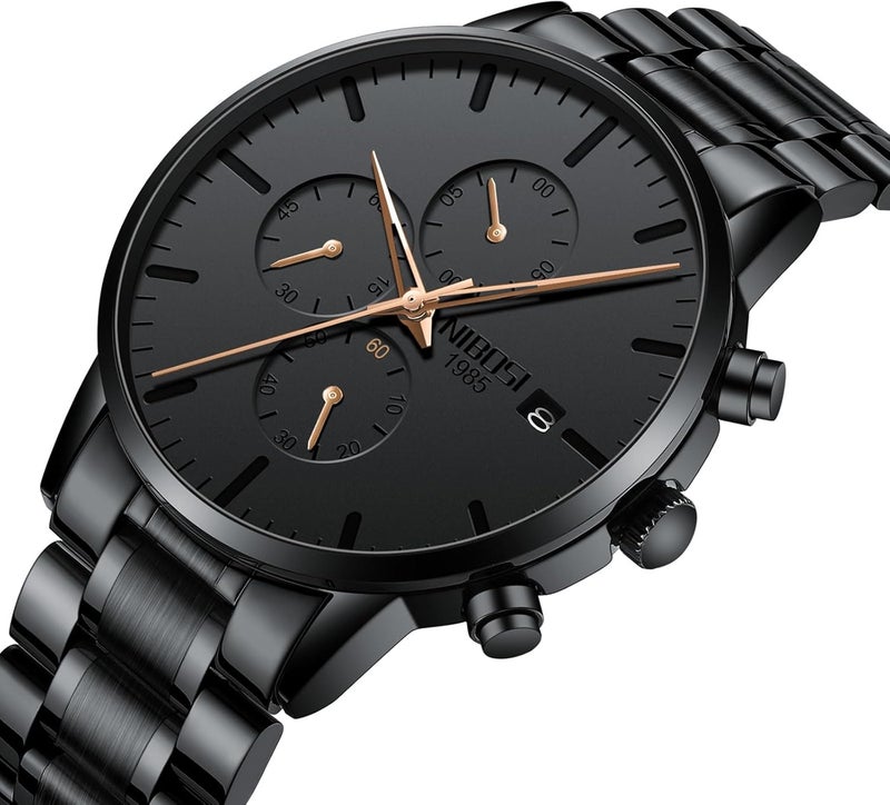 NIBOSI Men's Analog Minimalist Black Dial Chronograph Watch with Stainless Steel Strap - Image 3