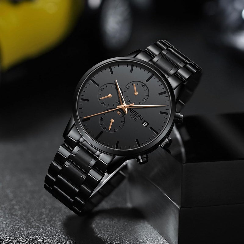 NIBOSI Men's Analog Minimalist Black Dial Chronograph Watch with Stainless Steel Strap - Image 4