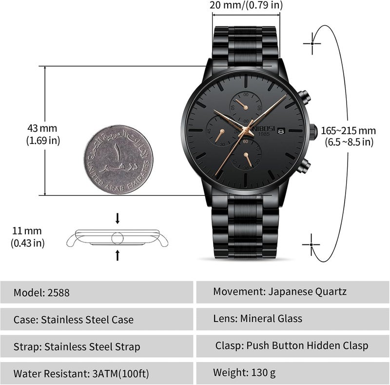 NIBOSI Men's Analog Minimalist Black Dial Chronograph Watch with Stainless Steel Strap - Image 2