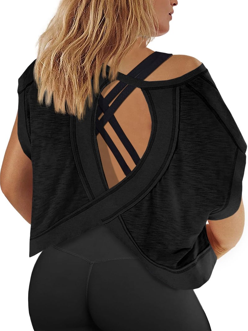 Fisoew Womens Plus Size Open Back Workout Tops Backless Short Sleeve Athletic Shirt Running Crop Top Gym Yoga T-Shirt Black - Image 1
