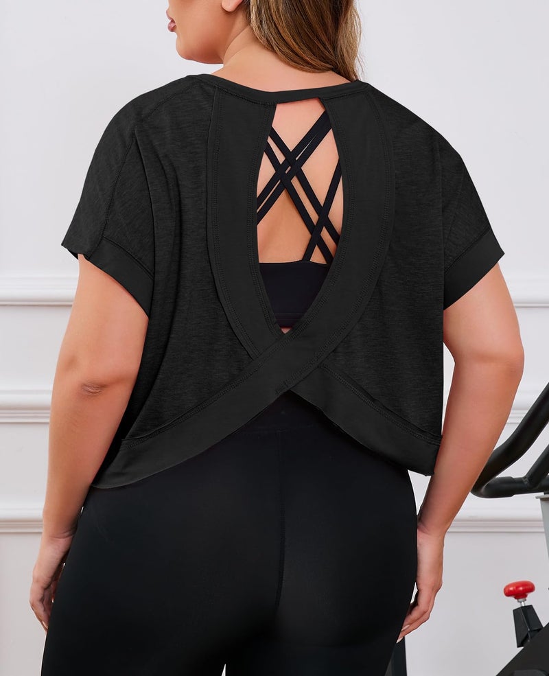Fisoew Womens Plus Size Open Back Workout Tops Backless Short Sleeve Athletic Shirt Running Crop Top Gym Yoga T-Shirt Black - Image 5