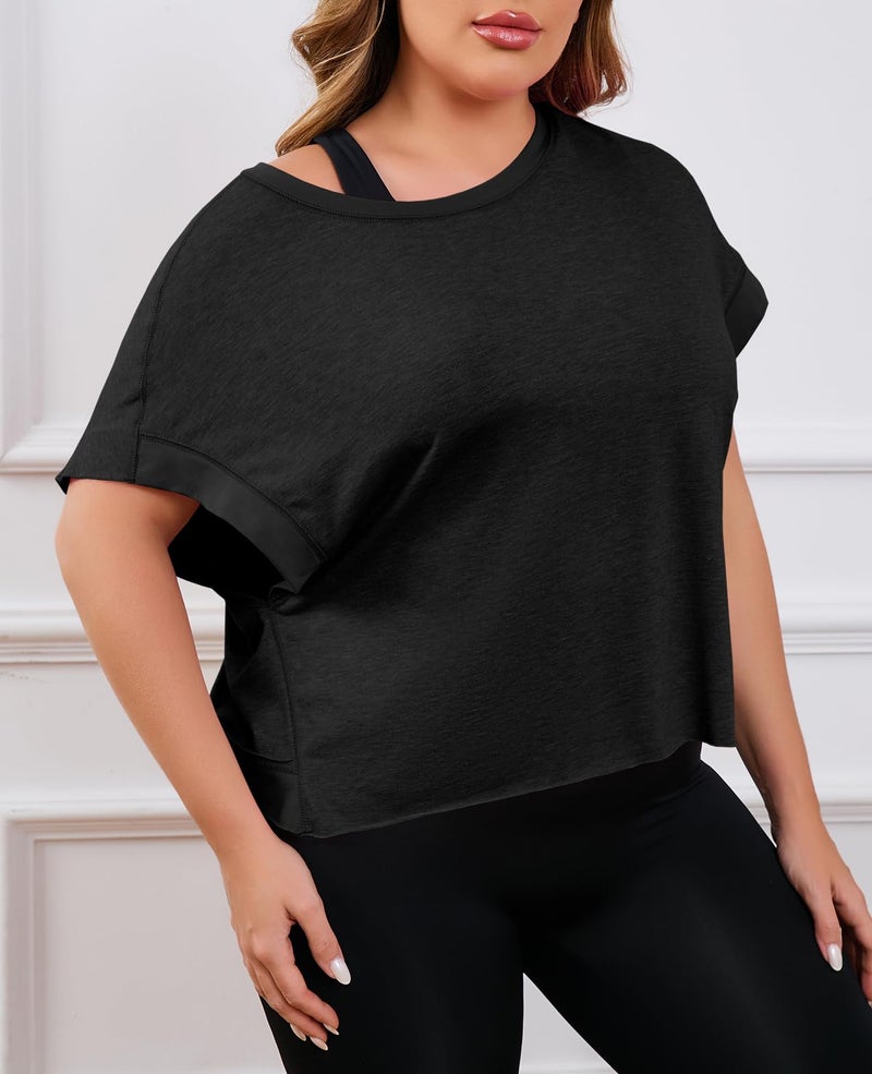 Fisoew Womens Plus Size Open Back Workout Tops Backless Short Sleeve Athletic Shirt Running Crop Top Gym Yoga T-Shirt Black - Image 4