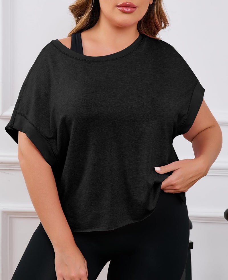 Fisoew Womens Plus Size Open Back Workout Tops Backless Short Sleeve Athletic Shirt Running Crop Top Gym Yoga T-Shirt Black - Image 3