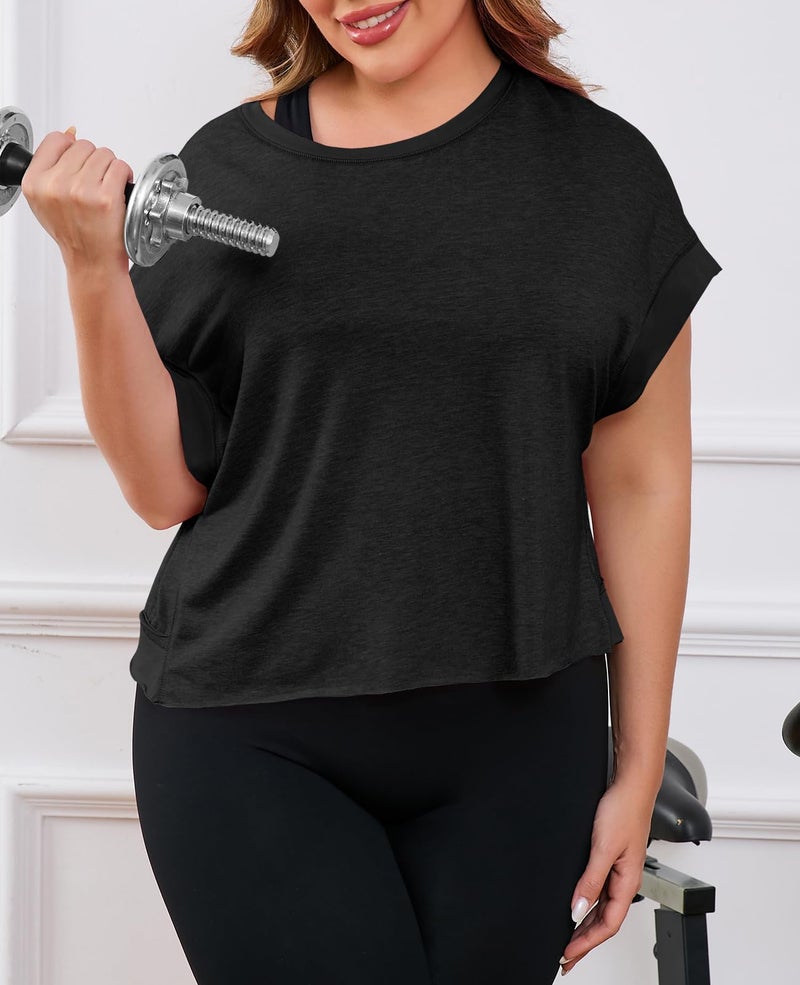 Fisoew Womens Plus Size Open Back Workout Tops Backless Short Sleeve Athletic Shirt Running Crop Top Gym Yoga T-Shirt Black - Image 2