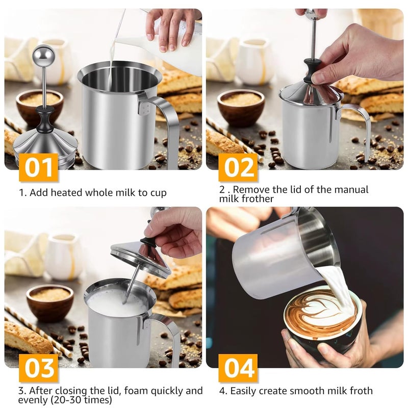 MVM Enterprise Milk Forther Coffee Milk Frother Steel Milk Frother for Hot and Cold Coffee Coffee Foam Maker Double Froth Pump 400Ml Manual Milk Froth - Image 3