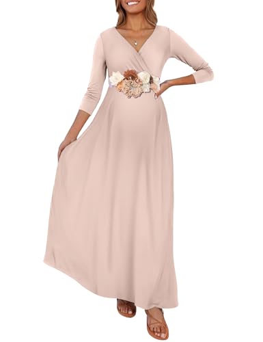 KIM S Khaki Maternity Dress Long Sleeve Photoshoot Boho Fall Pregnancy Clothes Christmas Winter Postpartum Maxi 2025 Beige XL