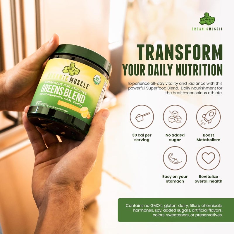 Organic Muscle Super Greens Powder Organic Superfood Powder with Probiotics Spirulina Chlorella and Matcha NonGMO 30 Servings - Image 2